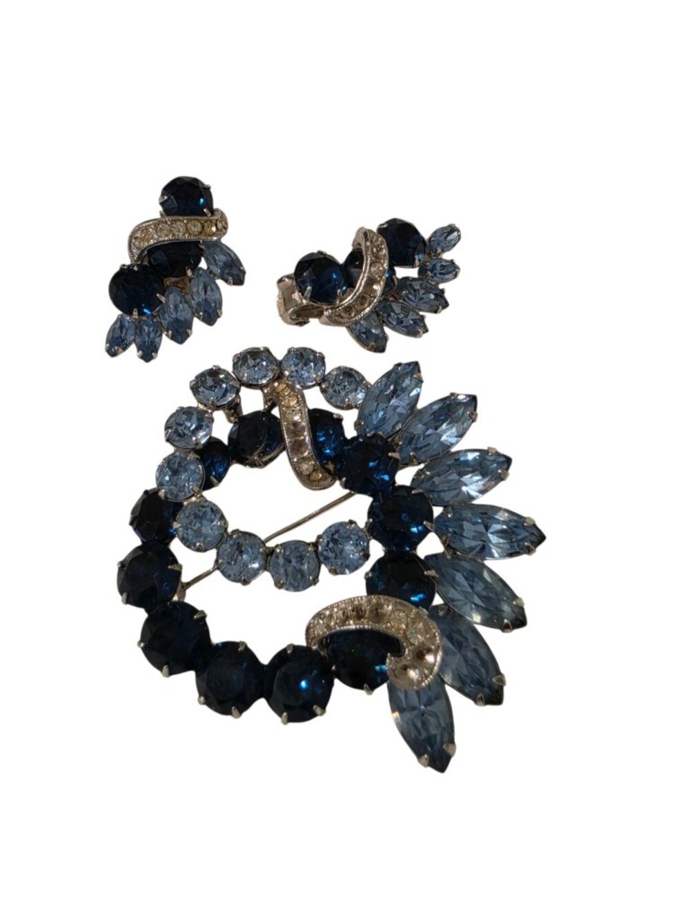 Eisenberg Vintage Blue Rhinestone Brooch Earrings Demi Parure Signed Silver Tone